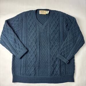 Aran Irish XL Fisherman Sweater Merino Wool Pullover Cableknit Vneck Heavyweight